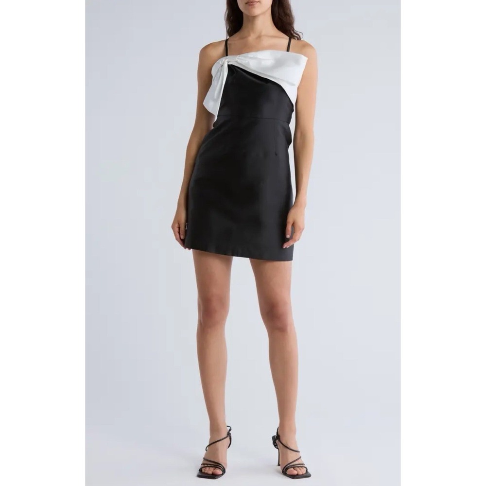 NWT Anthropologie Hutch Size 14 Serena Bow A-Line Mini‎ Dress Black White Satin